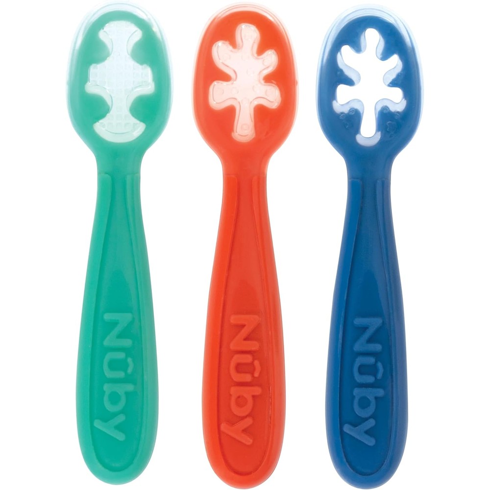 Nuby Baby's First Spoons Set front view of multicolor three pack premium silicone infant feeding utensils