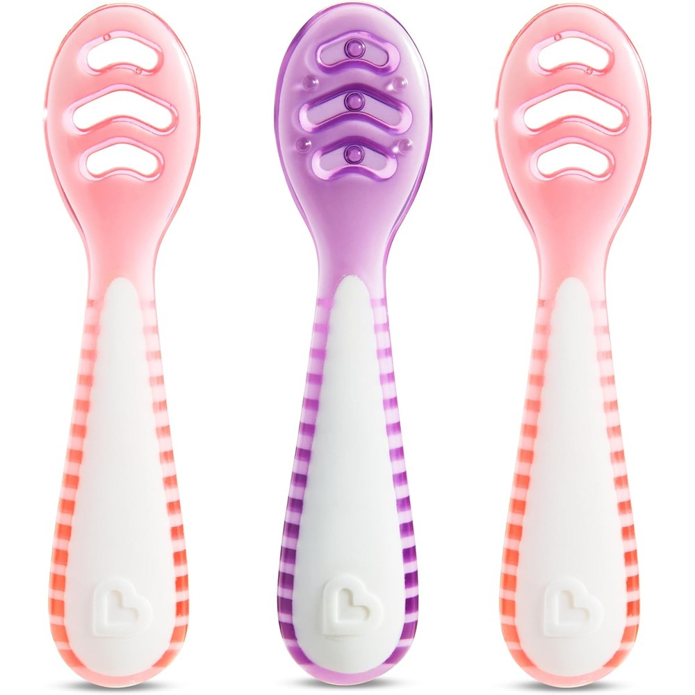 Munchkin Gentle Dip baby spoons front view package containing three pink and purple self-feeding utensils.