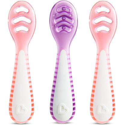 Munchkin Gentle Dip baby spoons front view package containing three pink and purple self-feeding utensils.