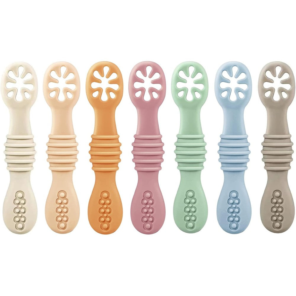 PandaEar 7 Pack Silicone Baby Feeding Spoon front view of colorful self feeding utensils.