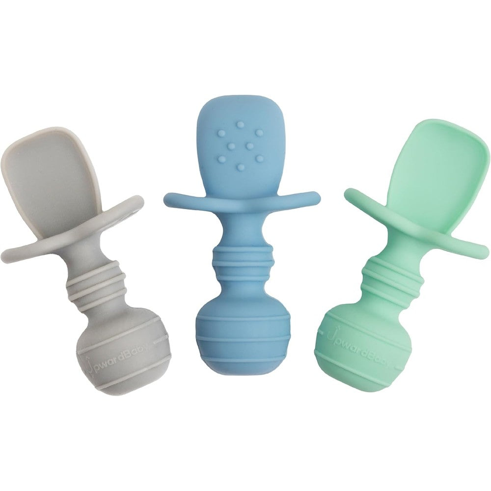 UpwardBaby Self Feeding Silicone Baby Spoons front view showing the blue, gray, and mint three pack set.
