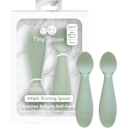 Ezpz Tiny Spoon in Sage front view of twin pack packaging.