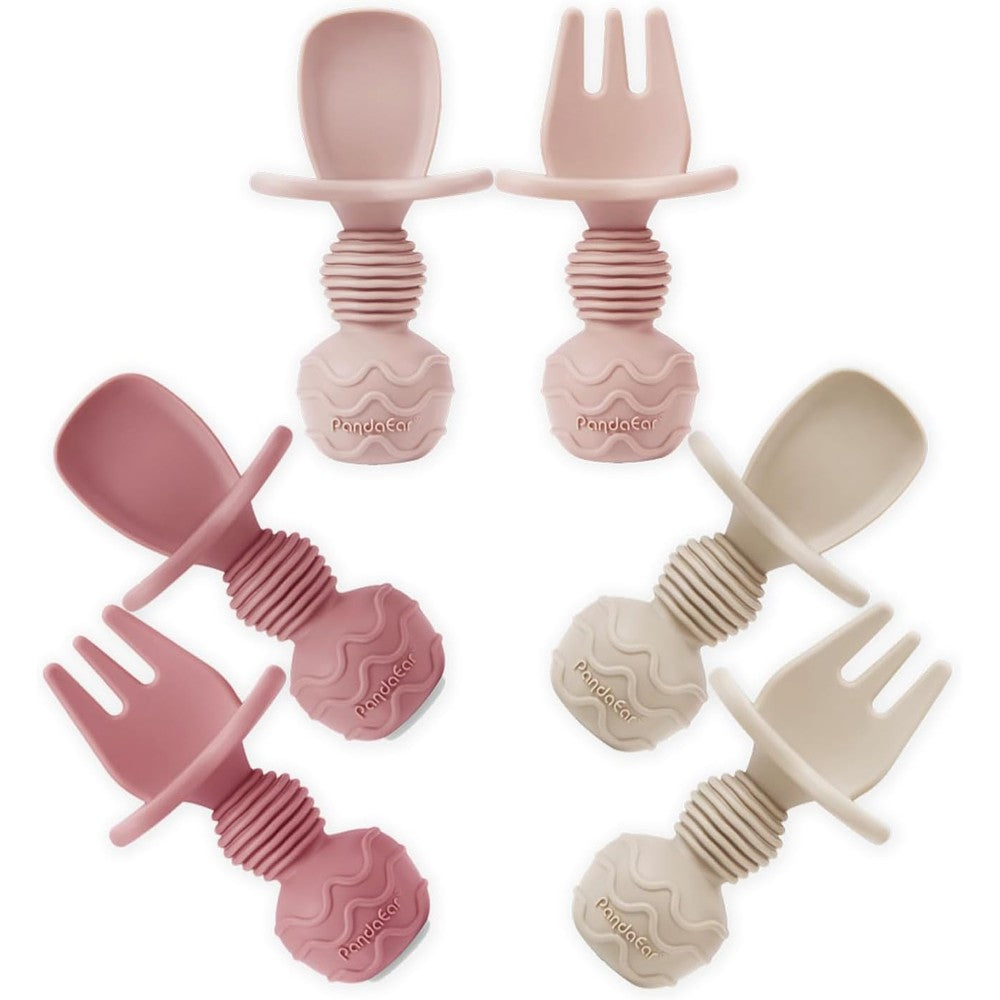 PandaEar silicone baby spoons and fork feeding set front view showing pink self-feeding utensils for weaning.