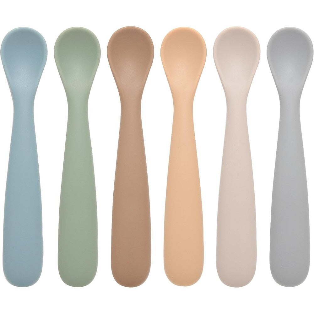 Eascrozn First Stage Silicone Baby Feeding Spoons front view displaying six vibrant colors.