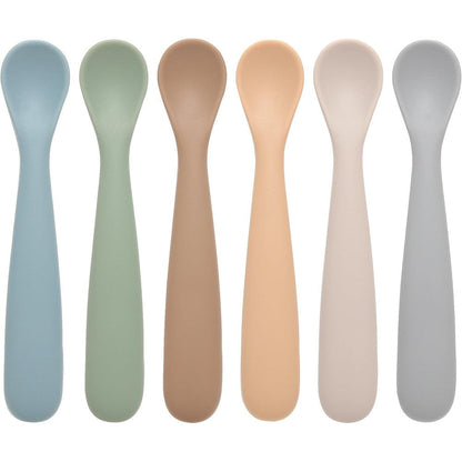Eascrozn First Stage Silicone Baby Feeding Spoons front view displaying six vibrant colors.