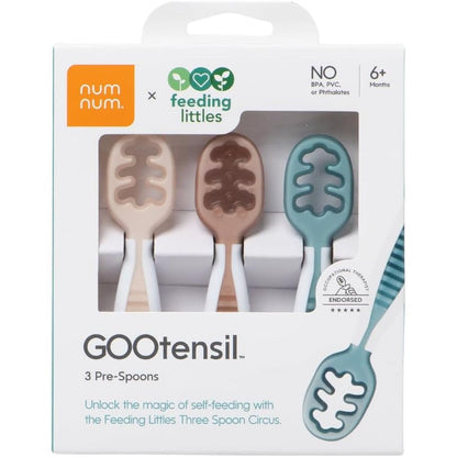 NumNum GOOtensil Baby Spoons Set front view showcasing the neutral colored three pack on a clean background.