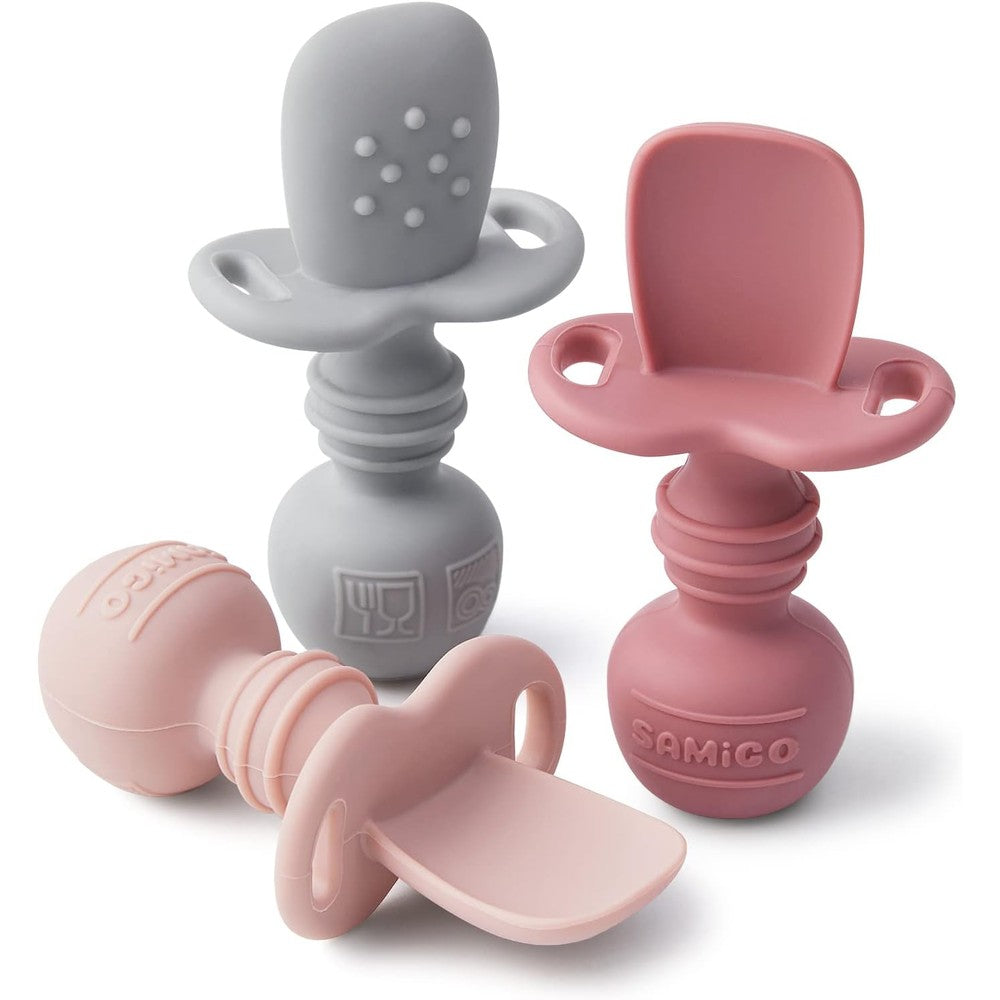 SAMiGO silicone baby spoons front view showing the 3 pack set for self feeding