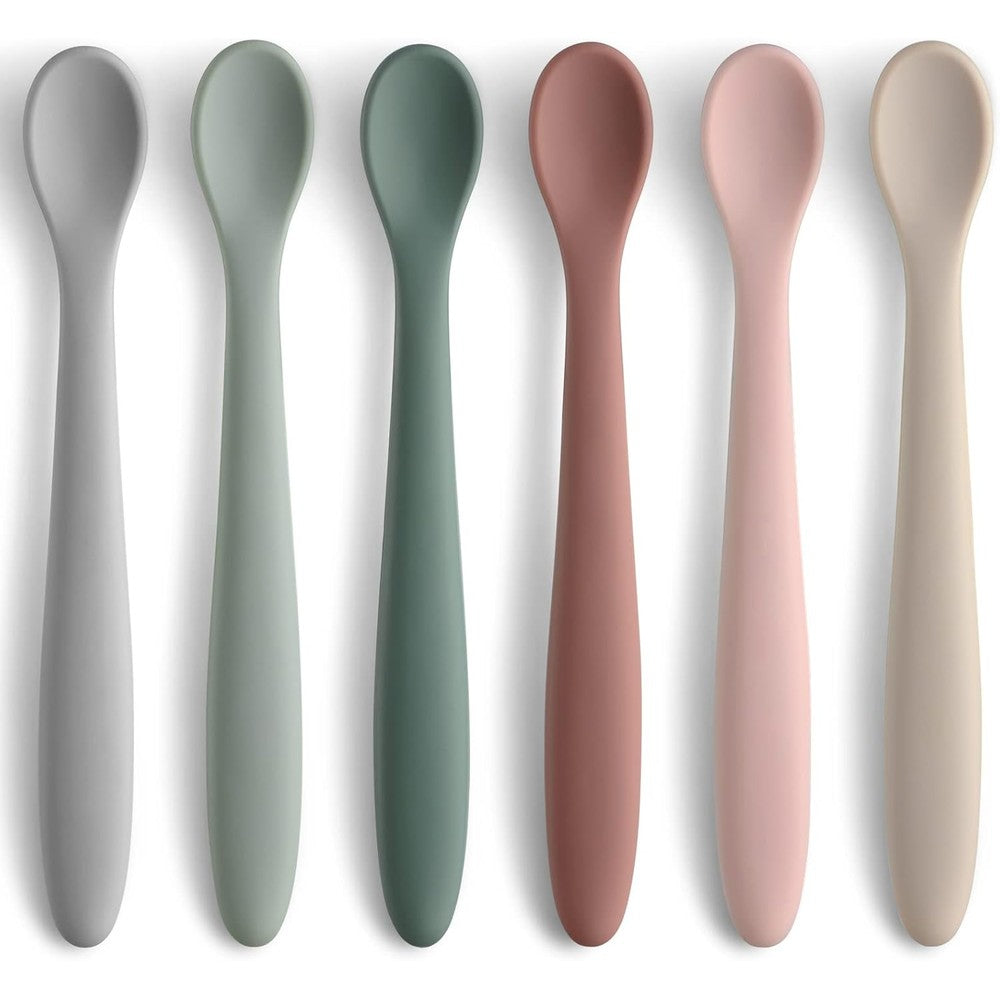 NETANY silicone baby feeding spoons front view displaying the pack of six pastel colors