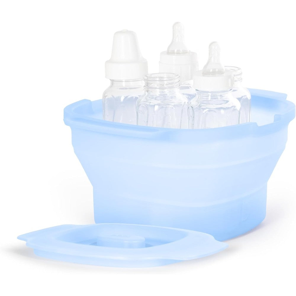 Ubbi 3-in-1 Collapsible Microwave Steam Sterilizer front view in blue color showcasing its expanded food grade silicone form factor.
