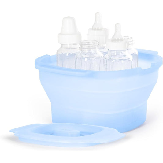Ubbi 3-in-1 Collapsible Microwave Steam Sterilizer front view in blue color showcasing its expanded food grade silicone form factor.