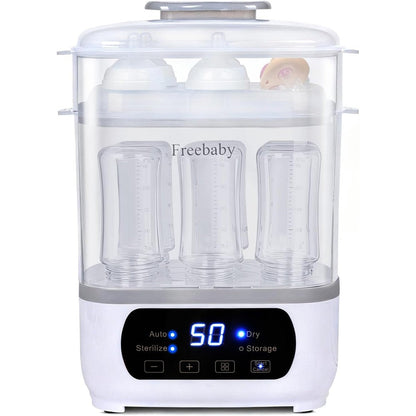 Freebaby Baby Bottle Steamer and Dryer front view showing the digital LED touch screen panel and sleek white chassis.