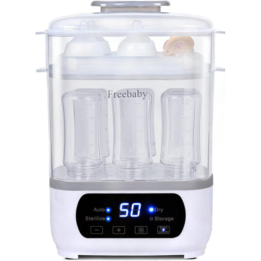 Freebaby Baby Bottle Steamer and Dryer front view showing the digital LED touch screen panel and sleek white chassis.