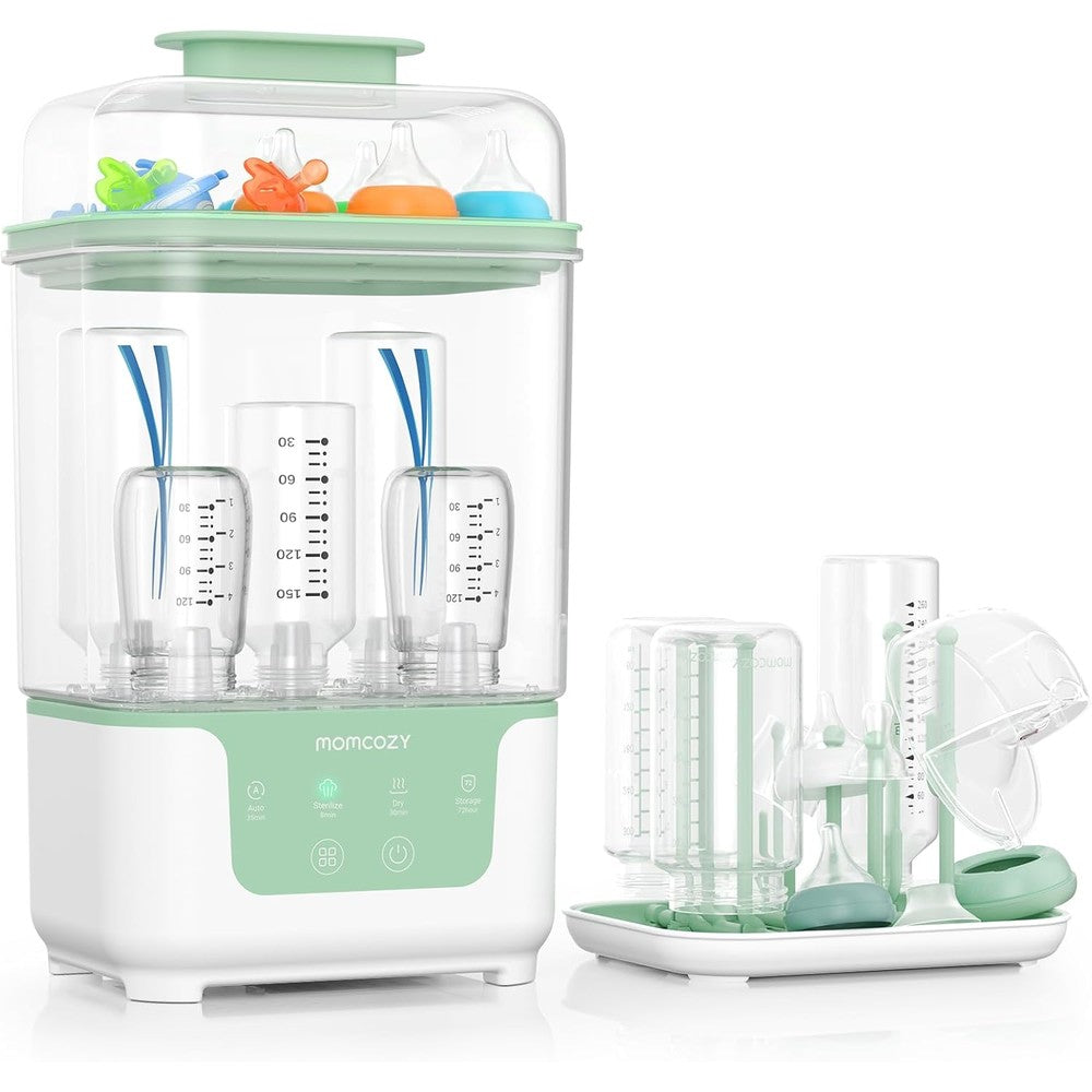 Momcozy bottle sterilizer and dryer front view on kitchen counter