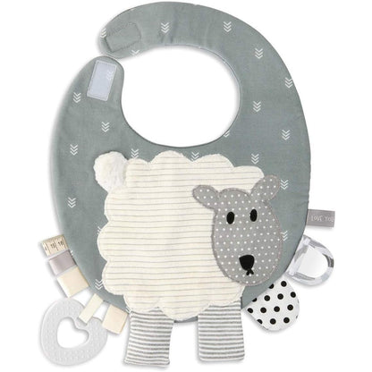 Demdaco Mommy and Me lamb activity bib front view featuring sensory tabs
