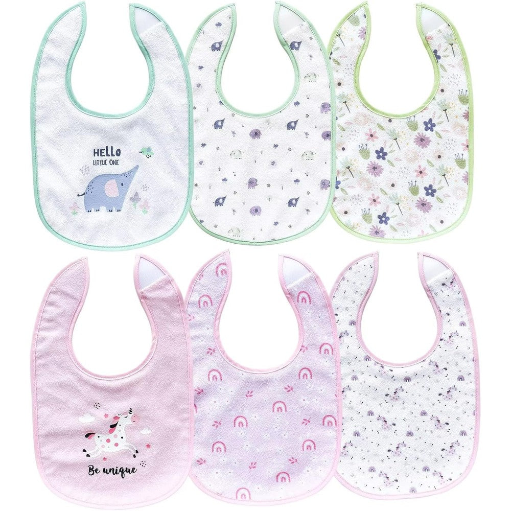 Puppet 6 Pack Baby Teething Bibs for girls with floral and animal prints front view