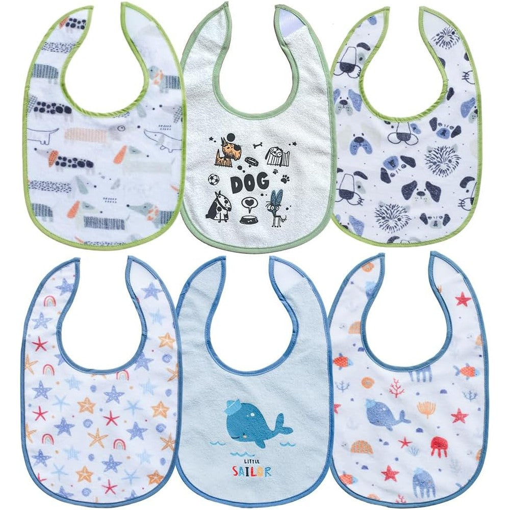 Puppet 6 pack baby teething bibs for boys front view showing hook and loop closure