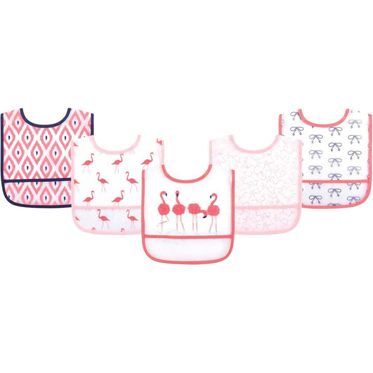 Yoga Sprout waterproof bibs in flamingo print 5 pack front view