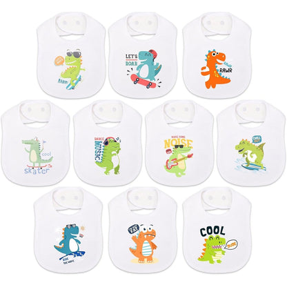 Benoxine 10 pack baby bibs with dinosaur prints front view