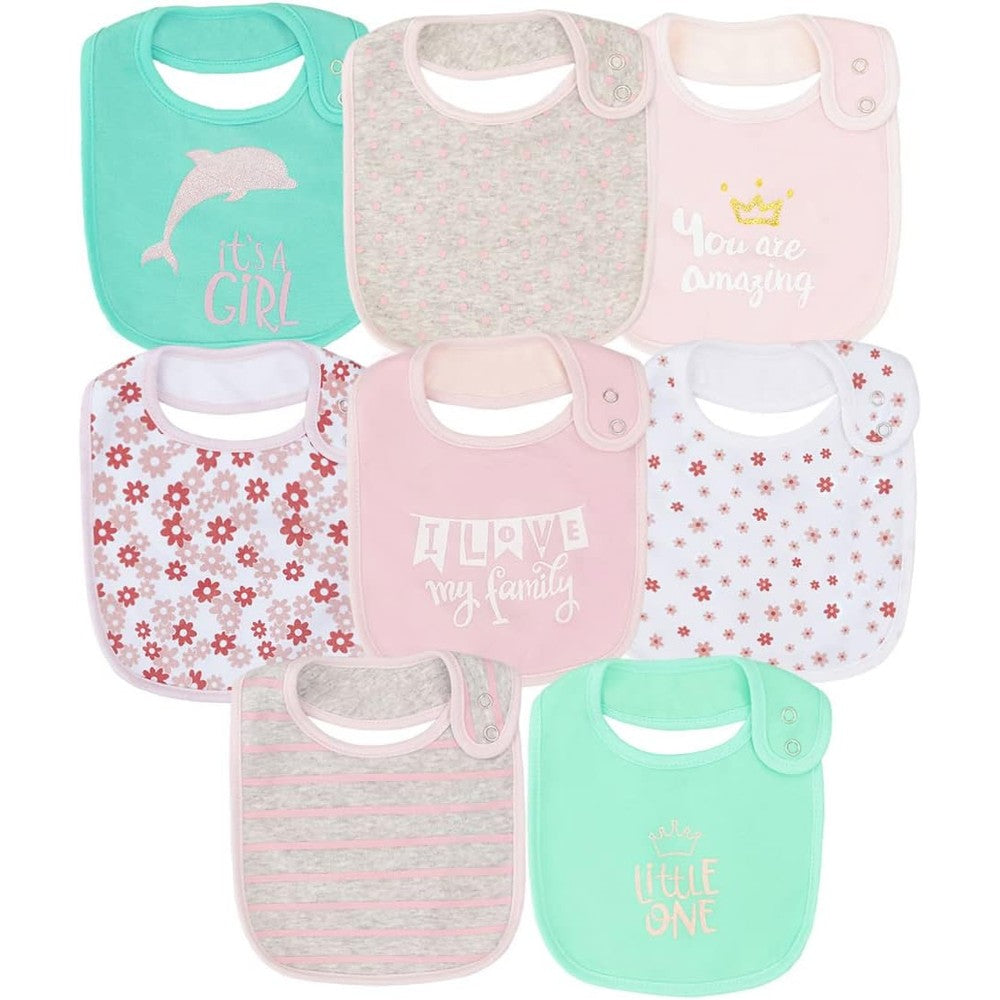 Maiwa cotton waterproof baby girls 8 pack bibs front view
