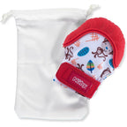 Nuby Soothing Teething Mitten red monkey pattern front view