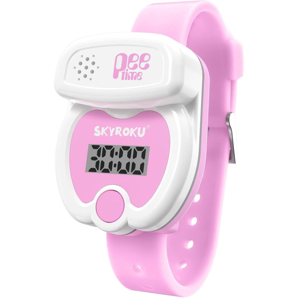 Skyroku potty training watch with pink silicone strap front view