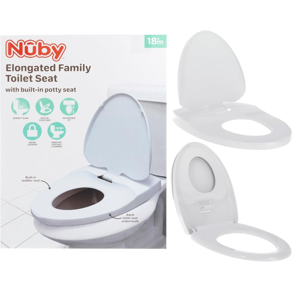 Nuby Family Toilet Seat front view showing integrated toddler potty ring closed magnetically inside adult cover