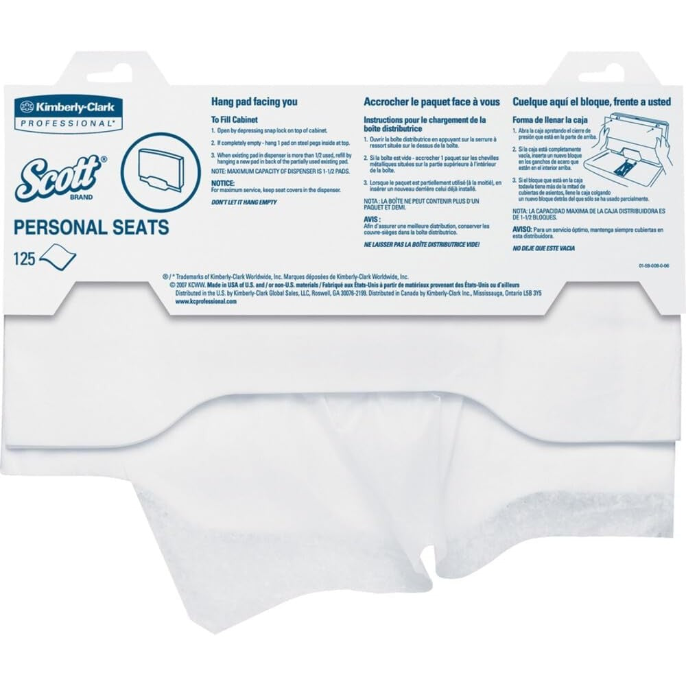 Kimberly-Clark Scott Personal Seats Toilet Seat Covers front packaging view showing one hundred twenty five count product details.