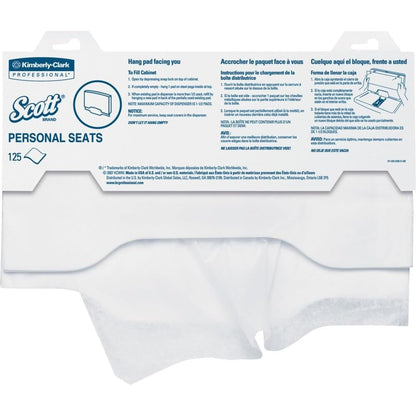Kimberly-Clark Scott Personal Seats Toilet Seat Covers front packaging view showing one hundred twenty five count product details.