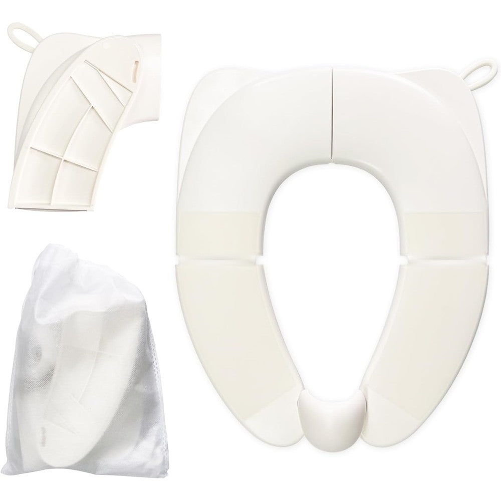 DEEZOMO kids foldable toilet seat front view in white with splash guard on a standard toilet