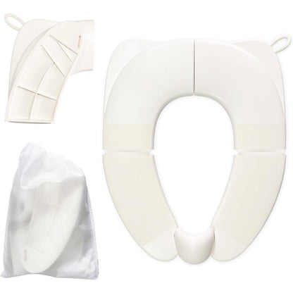 DEEZOMO kids foldable toilet seat front view in white with splash guard on a standard toilet