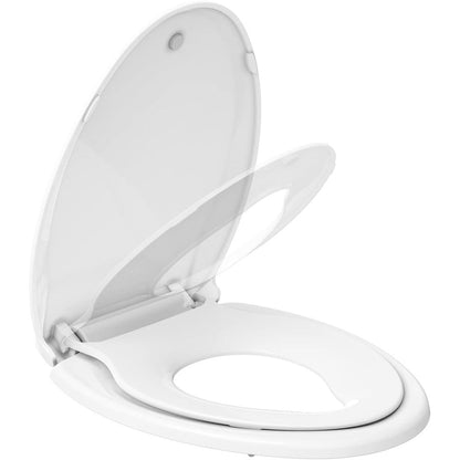 Hosslly elongated toilet seat with built in potty training seat front view in white