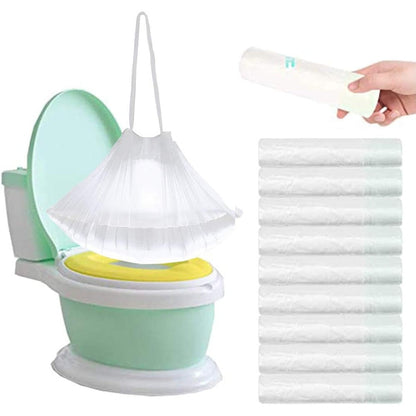Panxxsen Potty Chair Liners 100 Pack front view showing the product packaging and disposable drawstring rolls.