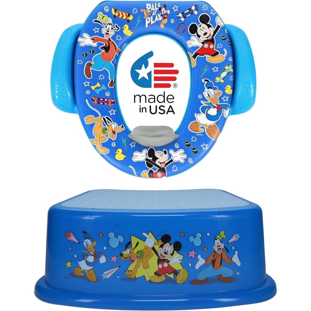 Disney Mickey Mouse Pals at Play potty training set front view showing cushioned seat and step stool
