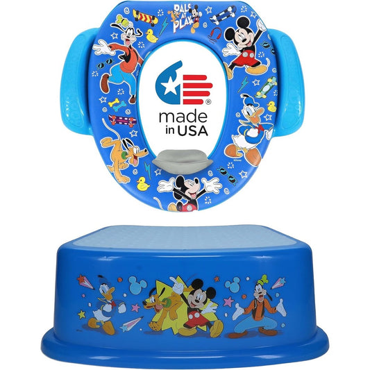 Disney Mickey Mouse Pals at Play potty training set front view showing cushioned seat and step stool