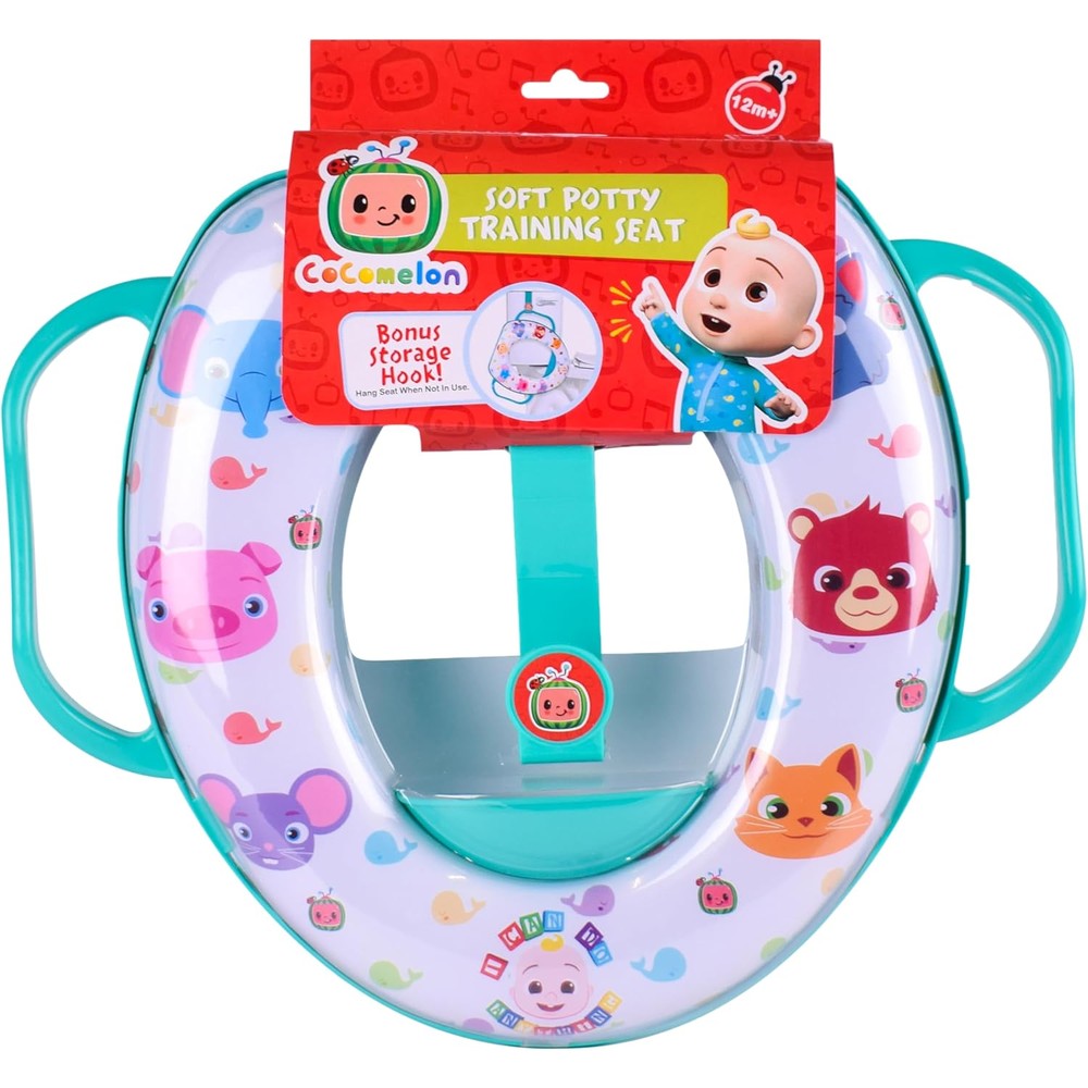 CoComelon soft potty training seat front view featuring blue character graphics