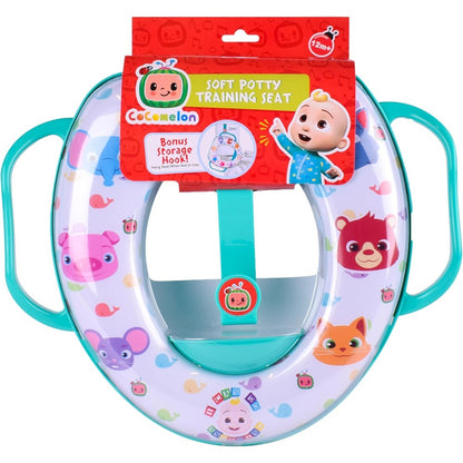 CoComelon soft potty training seat front view featuring blue character graphics