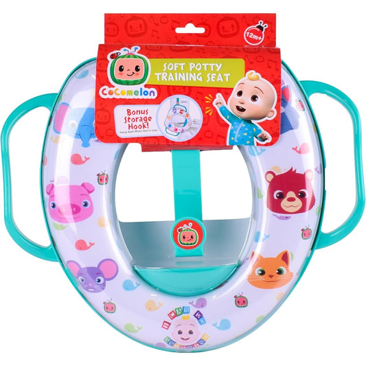CoComelon soft potty training seat front view featuring blue character graphics