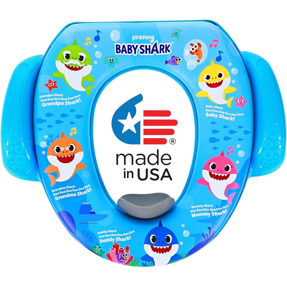 Nickelodeon Baby Shark soft potty training seat front view featuring colorful shark characters
