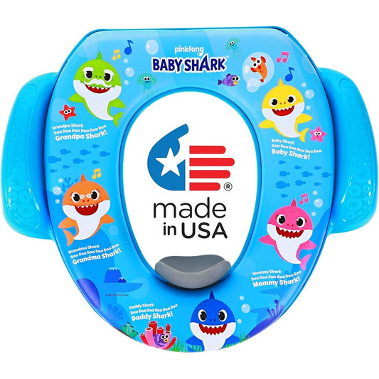 Nickelodeon Baby Shark soft potty training seat front view featuring colorful shark characters