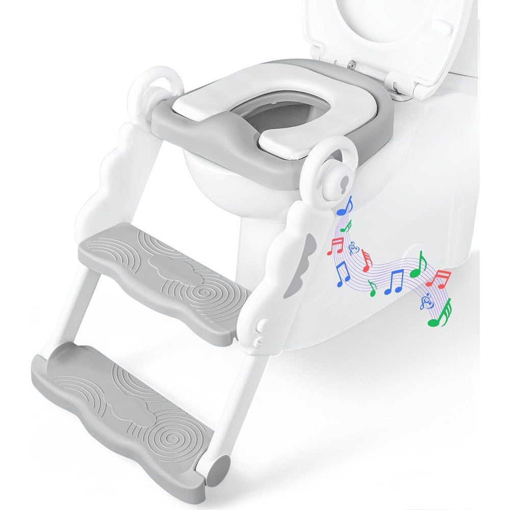 Bebeleh musical toddler potty training seat with step stool ladder front view in gray color