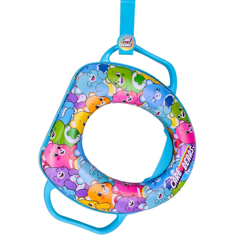 Care Bears soft potty training seat front view featuring colorful character prints and sturdy blue handles.