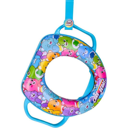 Care Bears soft potty training seat front view featuring colorful character prints and sturdy blue handles.