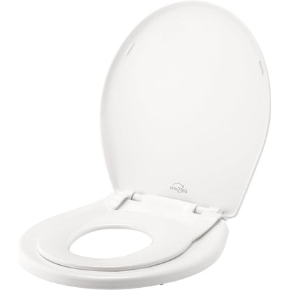 Mayfair Little2Big combination adult and toddler toilet seat front view in white.