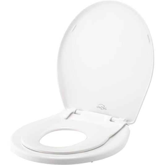 Mayfair Little2Big combination adult and toddler toilet seat front view in white.