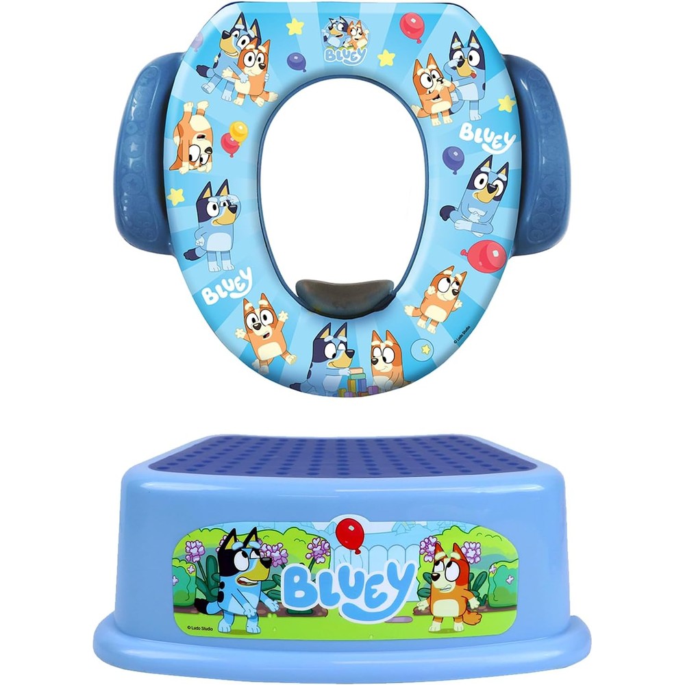 Ginsey Bluey Two Piece Essential Potty Training Set front view showcasing the cushioned seat and step stool.