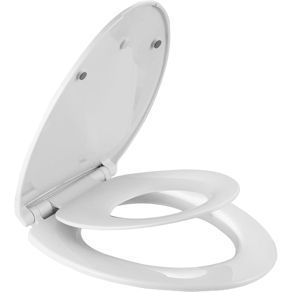 MermoGuiny Elongated Slow Close Toilet Seat front view showcasing the white finish and premium ceramic-like texture.