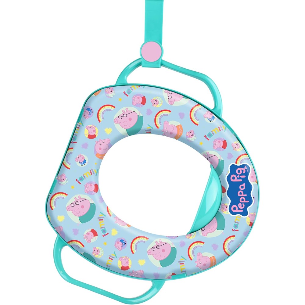 GUBB Peppa Pig soft potty training toilet seat front view in teal color featuring safety handles.