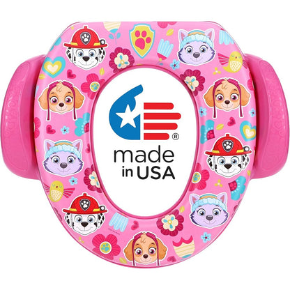 Nickelodeon PAW Patrol Cool Pups Soft Potty Seat front view showing the cushioned cartoon character ring and side handles.