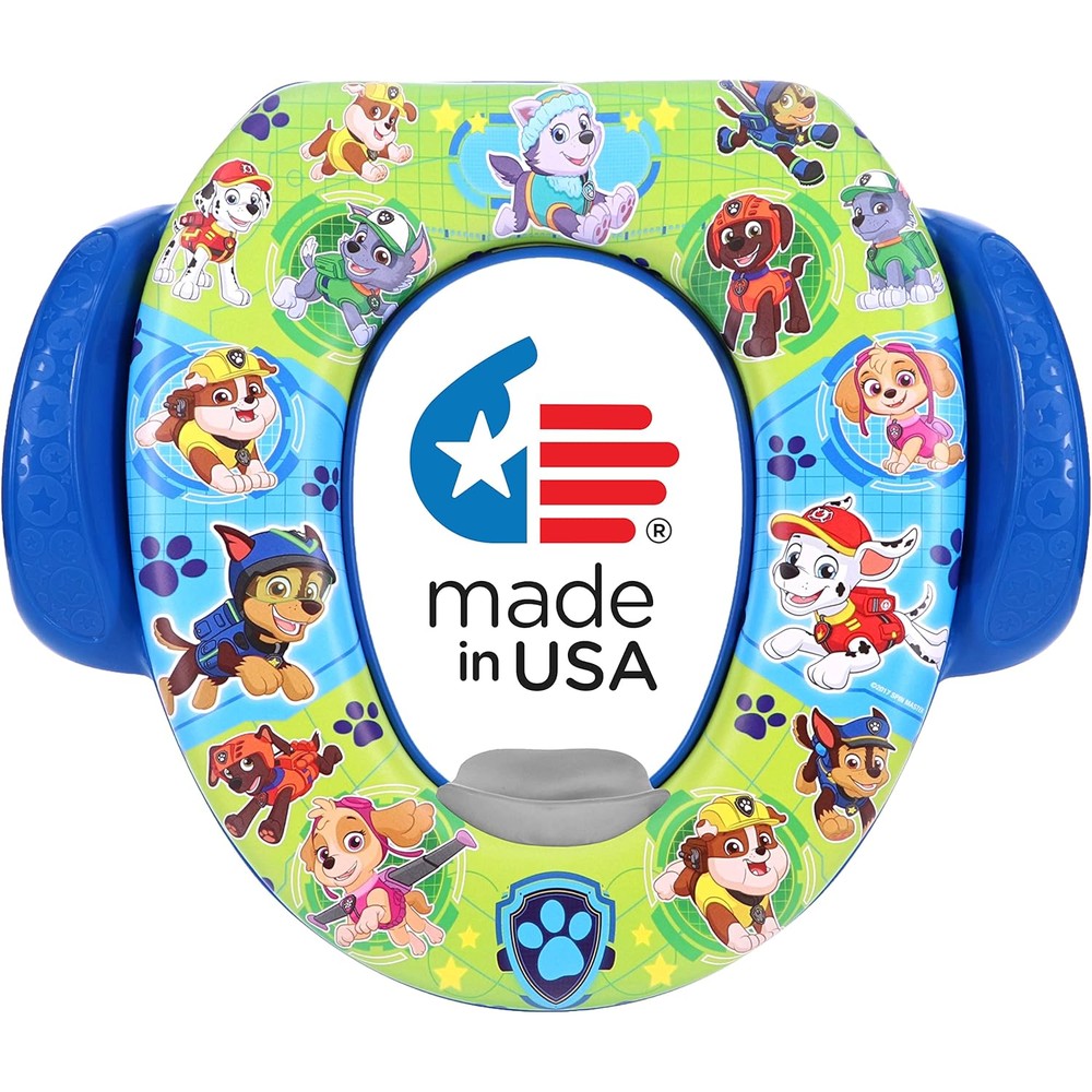 Nickelodeon PAW Patrol Mission Paw Soft Potty Seat front view showing colorful pup graphics.