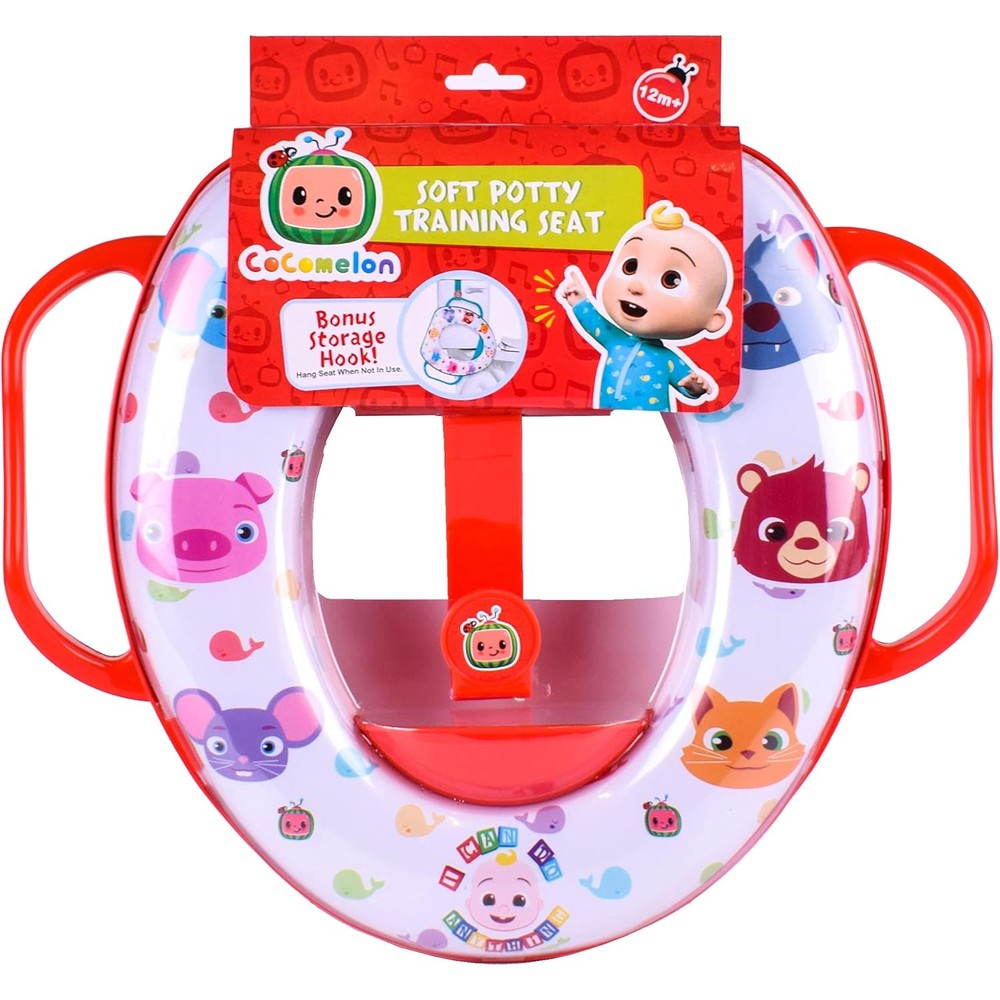 CoComelon soft potty training seat red variant front view showing cushioned padding and characters
